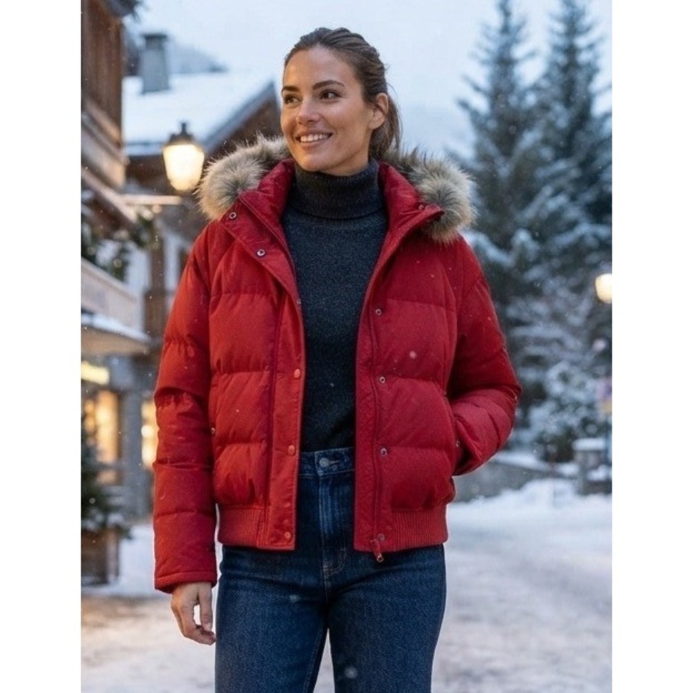 GAP Puffer Coat Jacket Faux Fur Hood Women's XXL Red Down Quilted Winter Travel